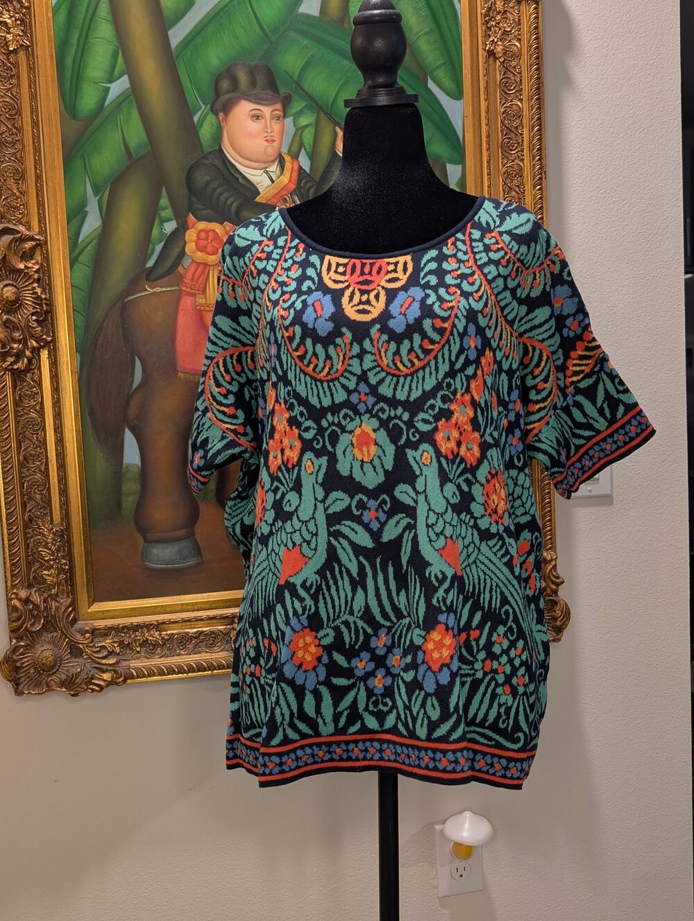 VNTG Peruvian Connection Pima Cotton Sweater Folk Art Peacock Kimono Womens M/L